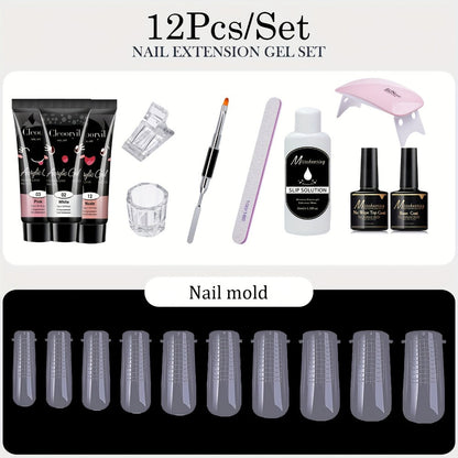Polygel Nail Kit with LED Lamp 12Pcs Complete Poly Gel Nail Extension Builder Set with Stretch Gel Bicolor Base Coat Finger Sleeves DIY