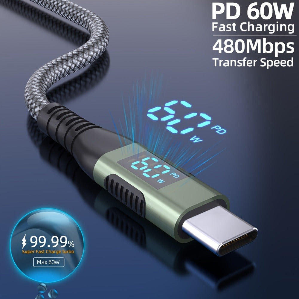 USB-A to USB-C Cable with LED Digital Display, 3A Fast Charging & 480Mbps Data Sync, Nylon Braided Anti-Overheat