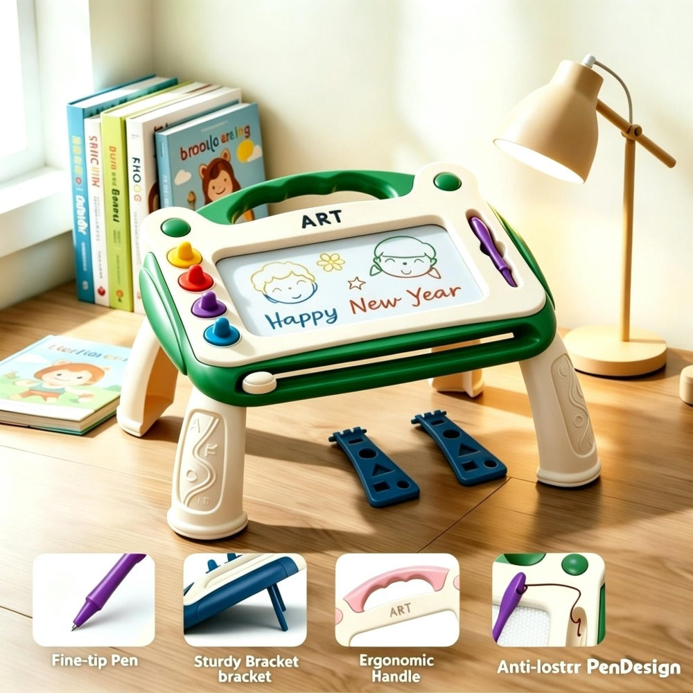Kids Magnetic Drawing Board 3-in-1 Doodle Kit – Reusable Erasable Toddler Art Toy with Stamps, Pen & Stand | STEM Learning Gift for Boys