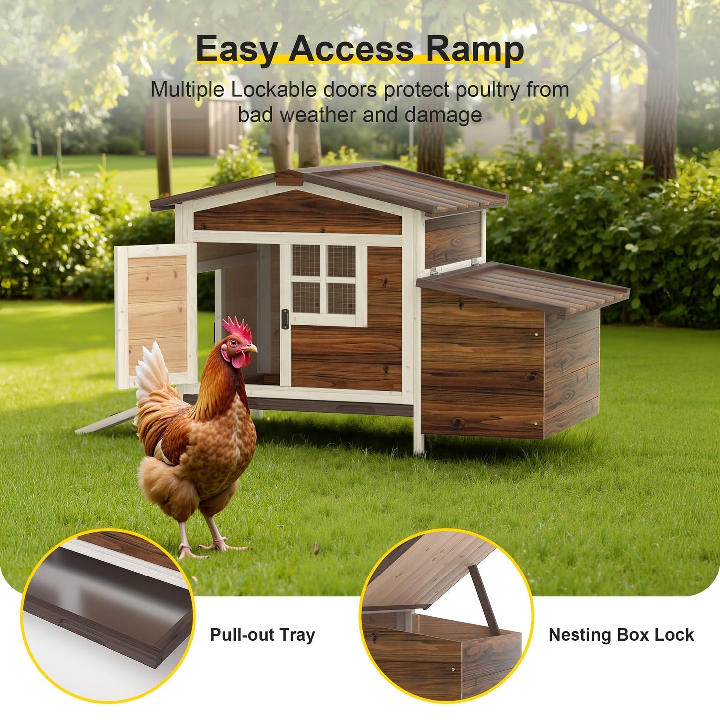 Hen House Outdoor Wooden Chicken Coop with Nesting Box Ramp Removable Tray Elevated Design Fir Wood for Garden, Patio and Yard Use
