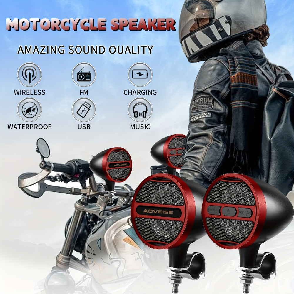 Motorcycle Bluetooth Stereo Speaker System with Built-In Amplifier – 3" Handlebar Mount Speakers, MP3 & USB, 12V, 20W×2 for ATV