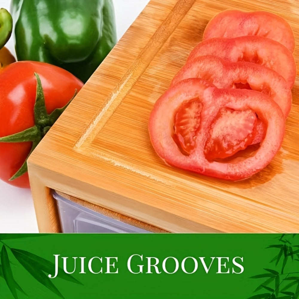 Bamboo Cutting Board with Food Container, Cheese Grater & Juice Groove – Large Wooden Chopping Board Set with Storage Box