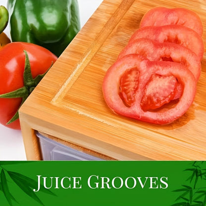 Bamboo Cutting Board with Food Container, Cheese Grater & Juice Groove – Large Wooden Chopping Board Set with Storage Box