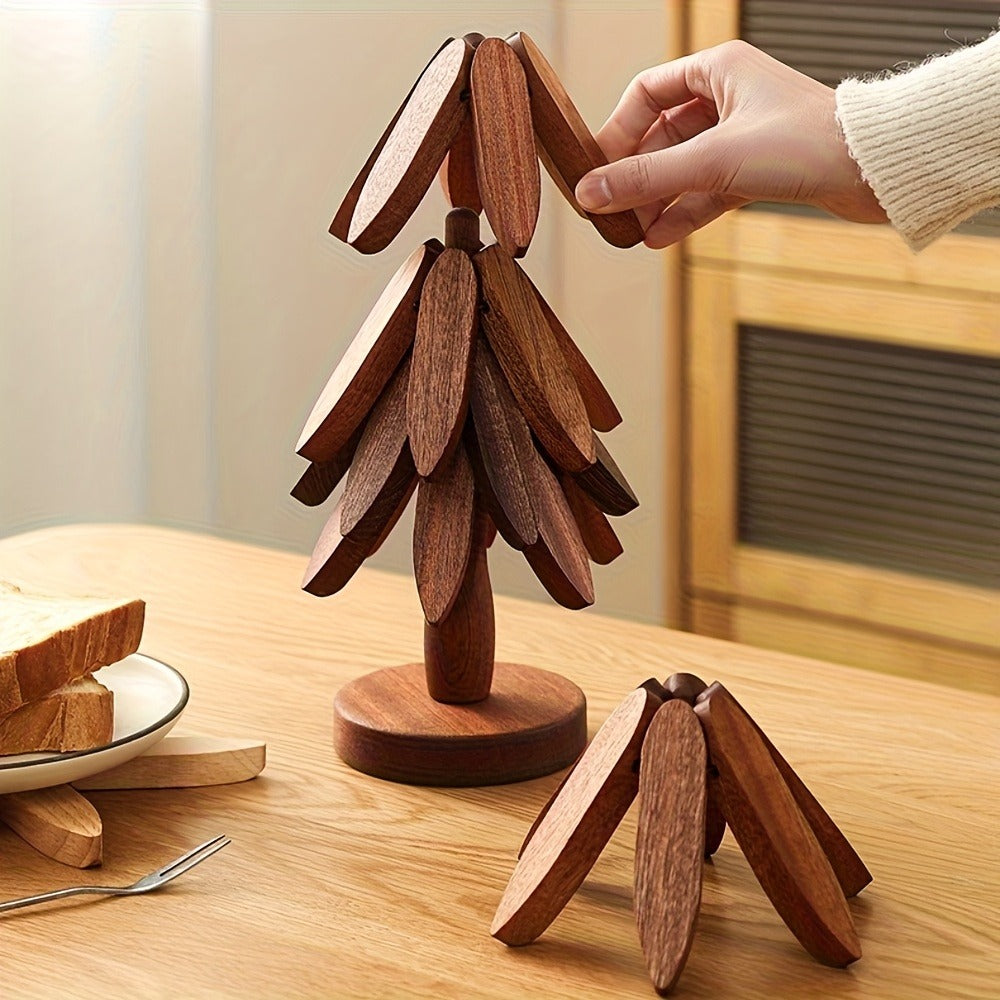 Solid Wood Trivet Mat Set 6pcs with Storage Rack, Heat-Resistant Tree-Shaped Coasters for Home Cooking, Dining and Outdoor Meals
