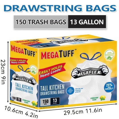Drawstring Trash Bags with Odor Eliminator Technology – Lemon Mint Scent, Puncture & Tear Resistant, 30 Gal (90 Bags) or 13 Gal (154 Bags)