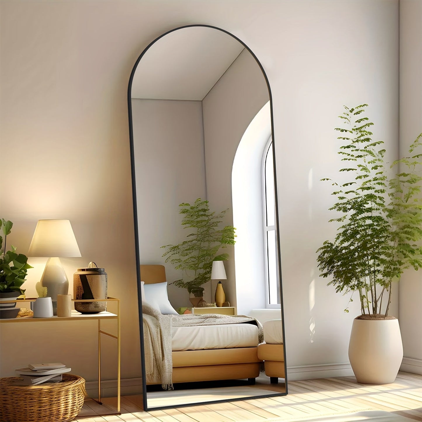 Full Length Mirror Floor Standing with LED Light – Arched & Rect Aluminum Frame Dressing Mirror for Bedroom Living Room, Black/Golden/White