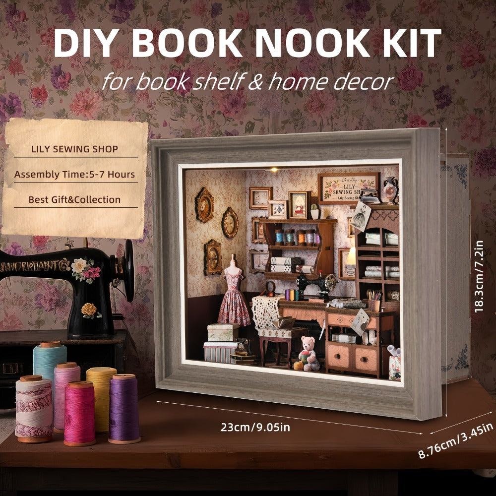 Seam House Book Nook Kit with Framed Sewing-Room Scene and Standard, Fireplace or Dwarf Style Options
