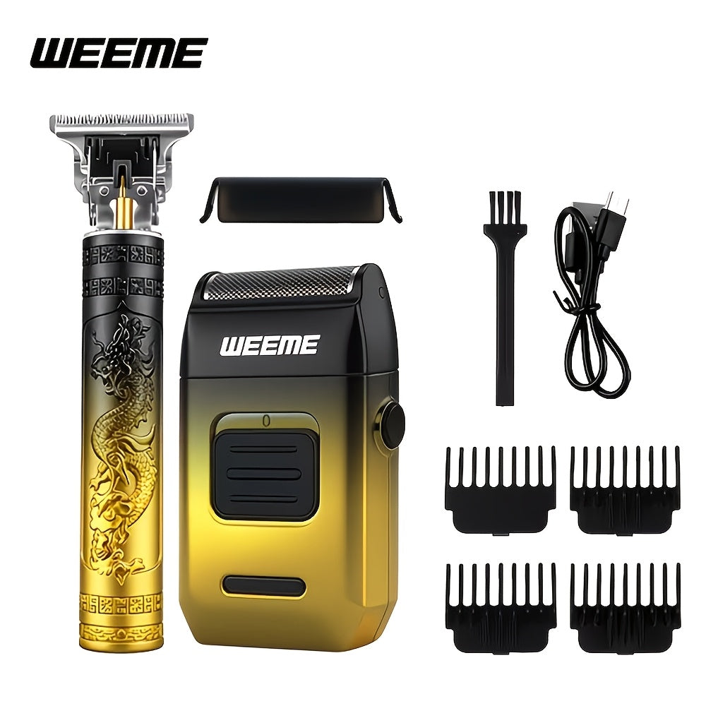 Men's Grooming Gift Box Set – Dragon & Phoenix Design, 2/4pcs Kit with Shaver, Hair Clipper, Nose Hair Remover & T9 Detail Trimmer