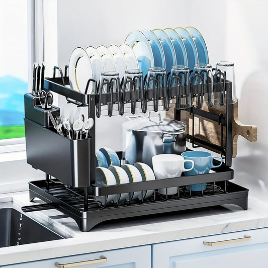 Dish Drying Rack 2 Tier with Drainboard for Kitchen Counter Metal Dish Drainer with Utensil for Home Cooking, Dining and Outdoor Meals