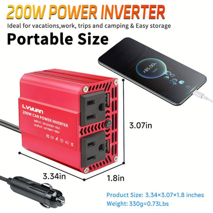 Multi-Format Car Power Inverter with 200W, 1000W or 3000W Labels in Red and Black Options for Vehicles