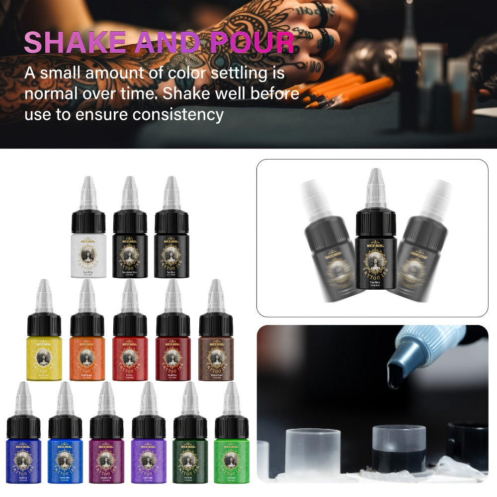 Tattoo Ink 14- or 21-Color Set with 0.5oz 15ml Bottles and Two Palette Choices for Color Selection