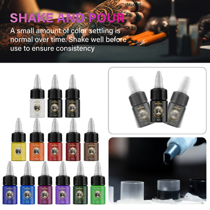 Tattoo Ink 14- or 21-Color Set with 0.5oz 15ml Bottles and Two Palette Choices for Color Selection