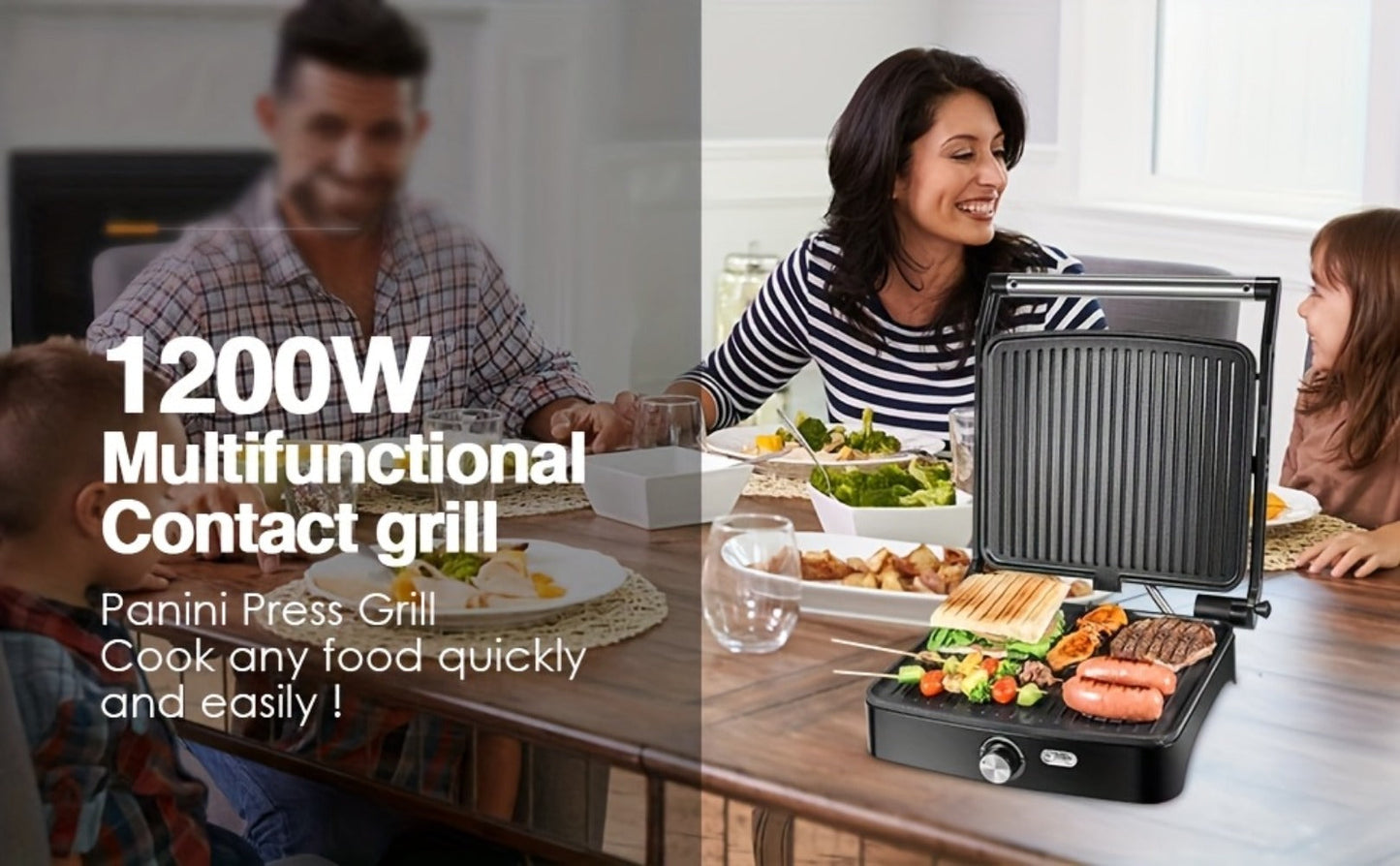 Panini Press Sandwich Maker 1200W, 4-Slice Non-Stick Grill with 180° Opening Adjustable Temperature 120-428°F & Removable Drip Tray