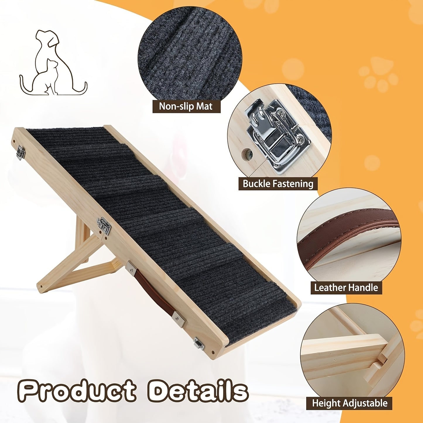 Foldable Dog Ramp for Couch & Bed – Adjustable Height 13–21 Inch, Non-Slip Pad & Wood Base, Portable Pet Stairs for Small Dogs