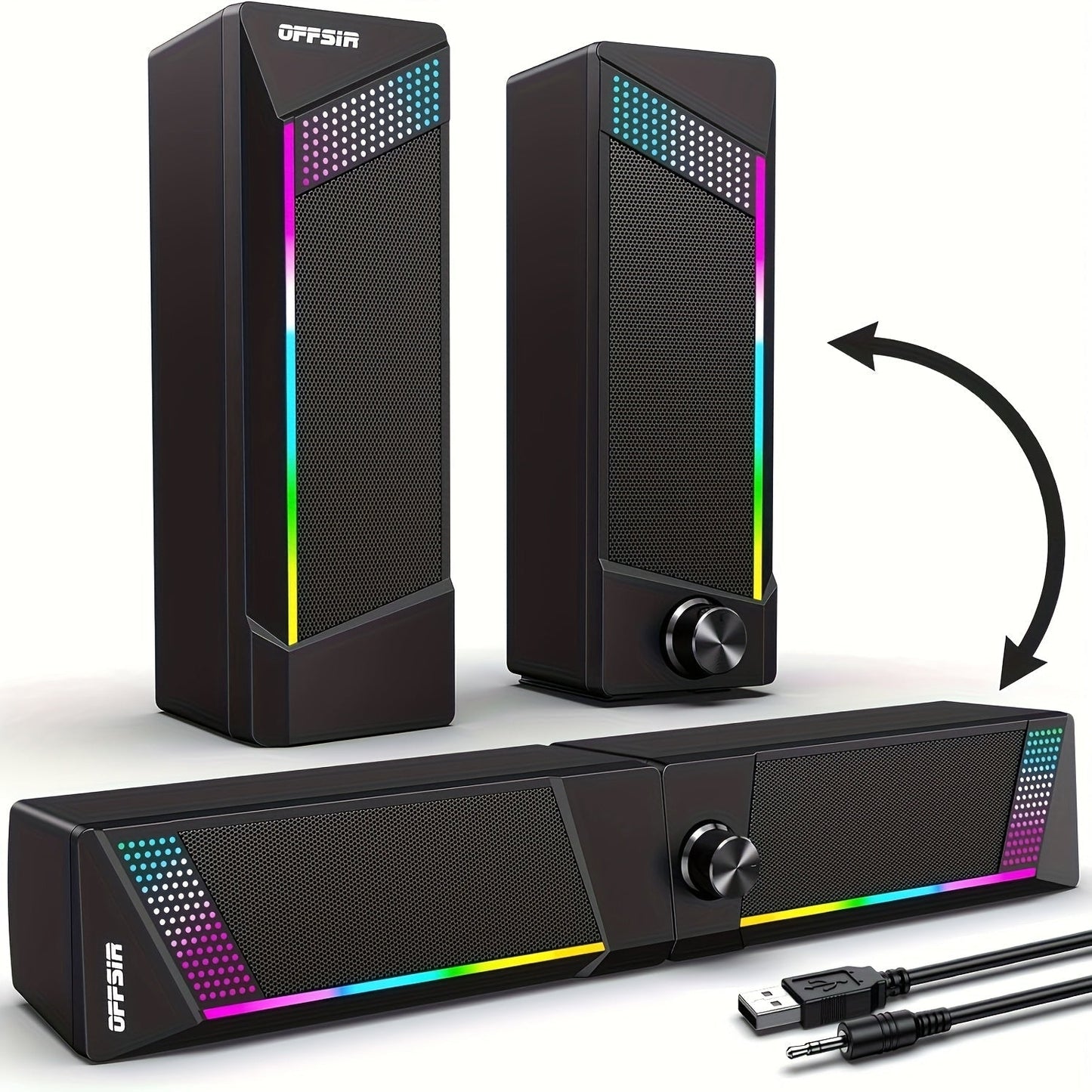 2-in-1 RGB Gaming Computer Speakers Wired, PC Desktop Laptop Soundbar with Subwoofer, Volume Control