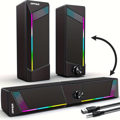 2-in-1 RGB Gaming Computer Speakers Wired, PC Desktop Laptop Soundbar with Subwoofer, Volume Control