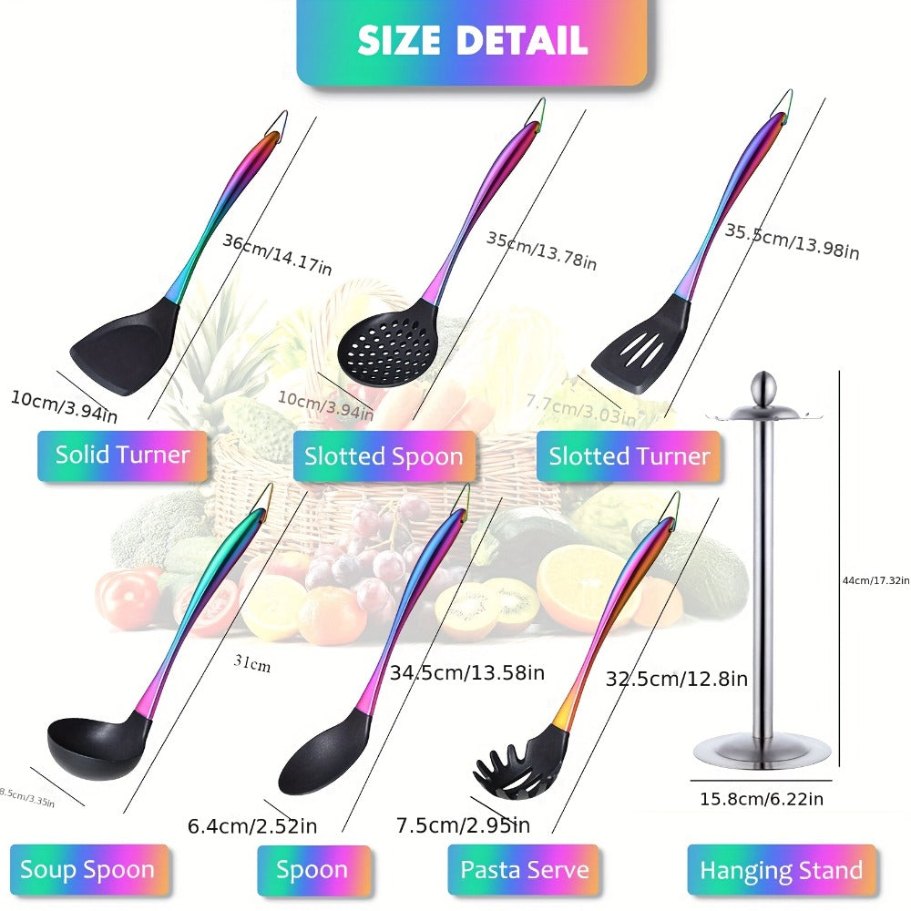 Silicone Cooking Utensils Set 17 Piece Rainbow Titanium with Rotating Holder – Heat Resistant Non-Stick Spatulas