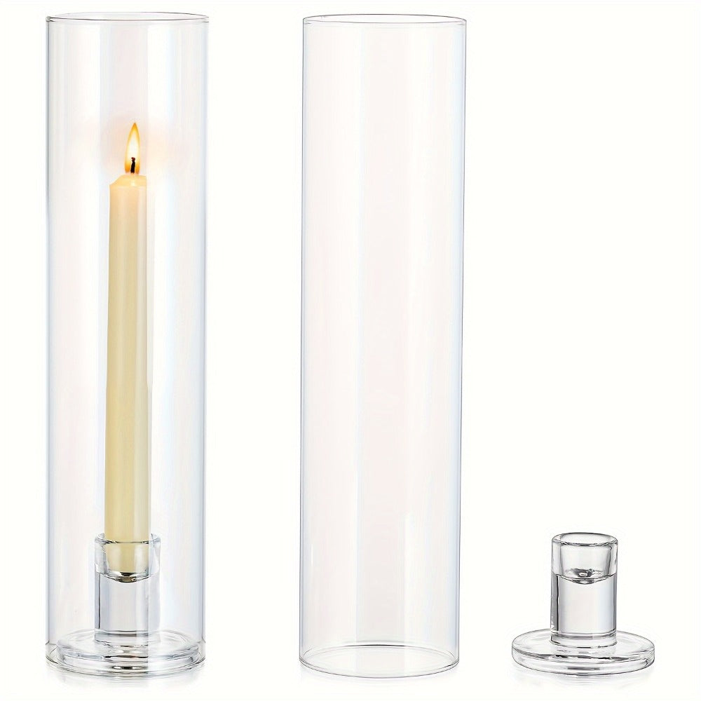 Hurricane Glass Candle Holders for Taper Candles, 11.8 Inch Tall Clear Cylinder Windproof Candlestick Stand for Wedding