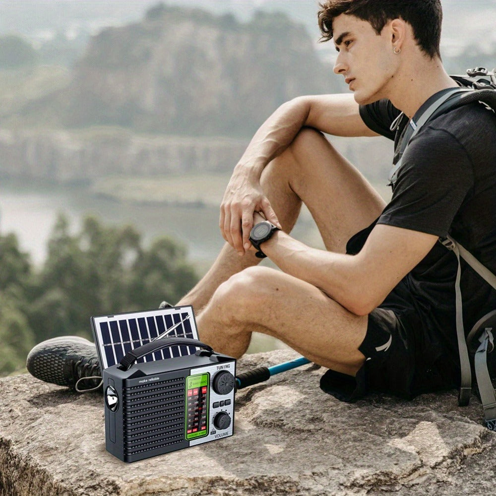 Emergency Solar Hand Crank Radio 5-in-1 with Dual Speaker, FM AM SW VHF, MP3 USB TF Card Player, 180° Foldable Solar Panel
