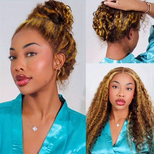Wig Long Deep-Wave Honey Blonde Ombre, 28-Inch Synthetic Fiber with 13x4 Lace Front and Glueless Cap