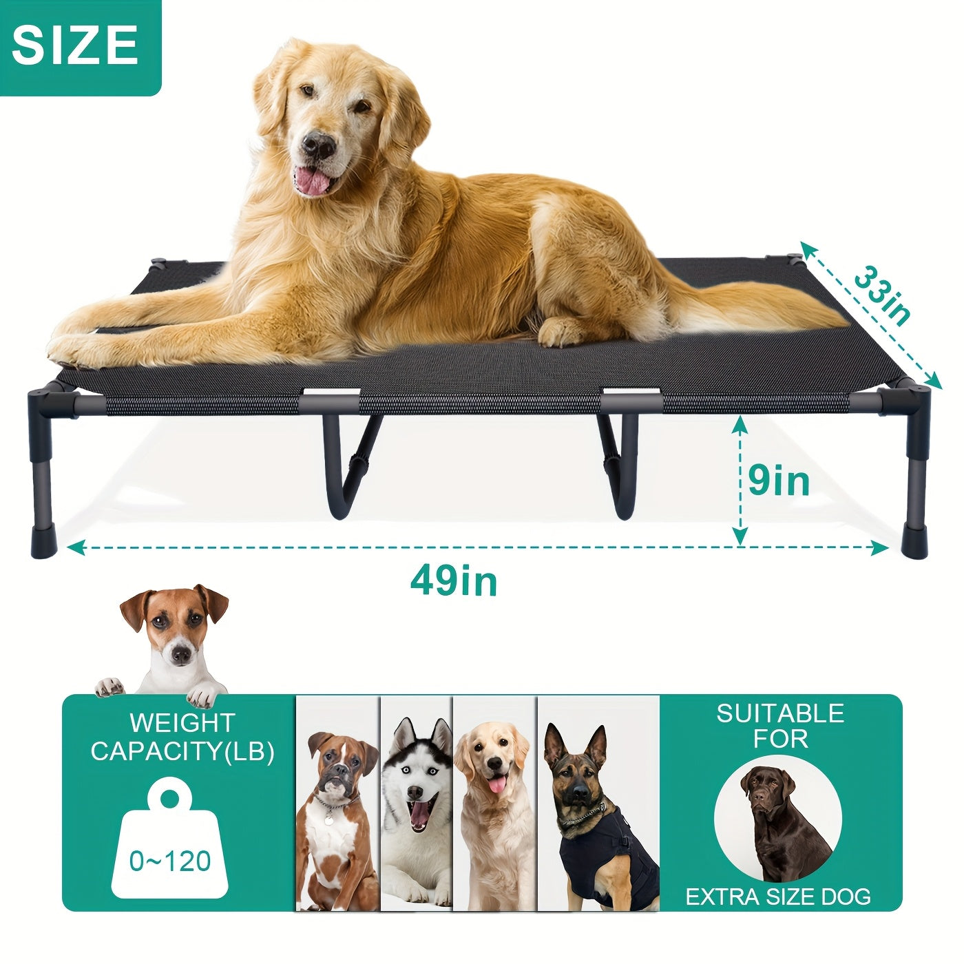 Elevated Dog Bed Cooling Cot – Breathable Mesh Dog Cot for Indoor and Outdoor Use, No-Tool Assembly Anti-Slip Feet Frame