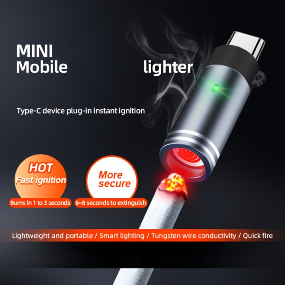 USB-C Plug-In Heating-Coil Electric Lighter in Black with Compact Cylindrical Body for Direct Phone Power