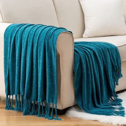 Chenille Fringe Throw Blanket, 180-200gsm Velvety Decorative Throw for Sofa & Couch, Home Decor, 50”×60”