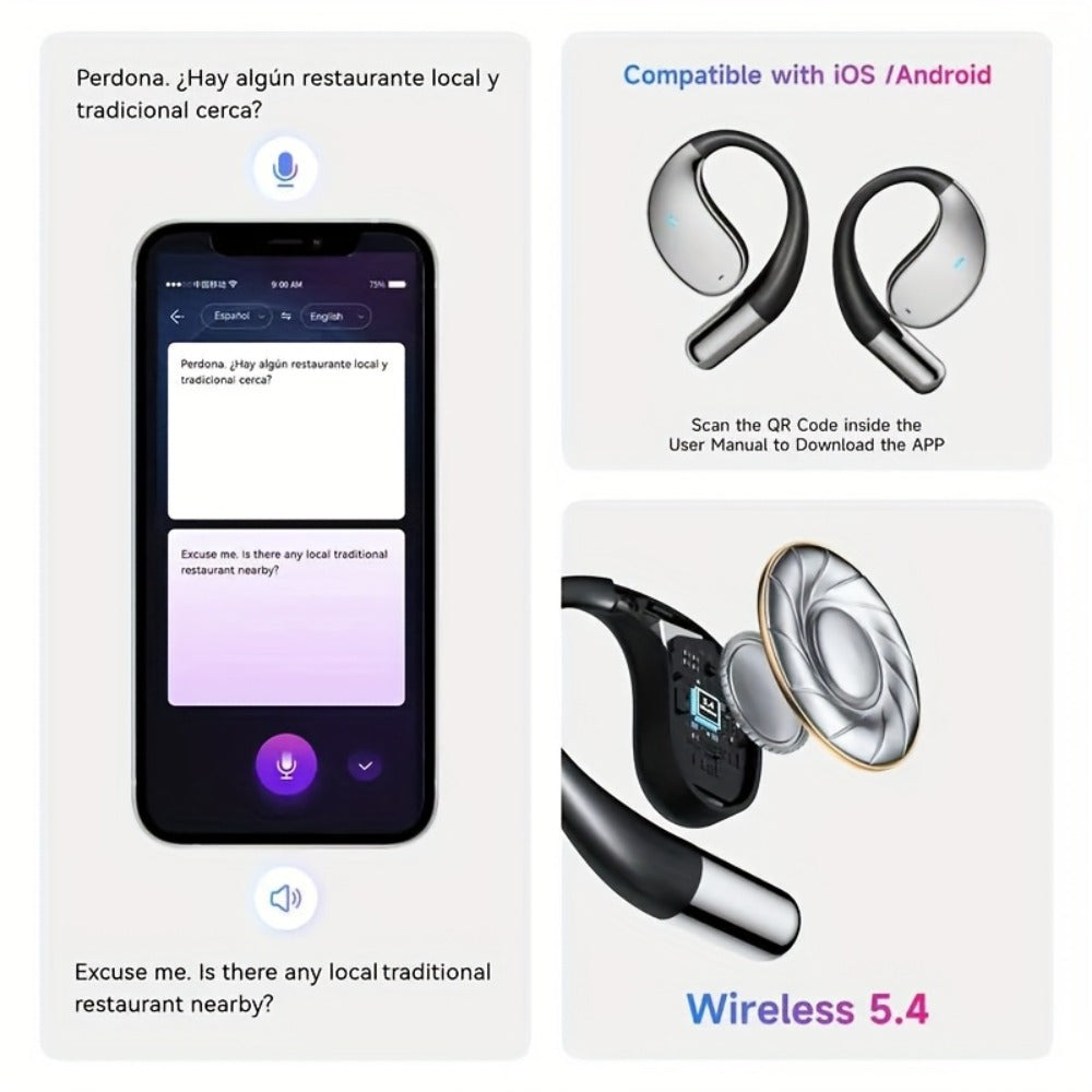6-Mic AI Translation Bone Conduction Headset 144 Languages, Real-Time Translator Wireless Headphones