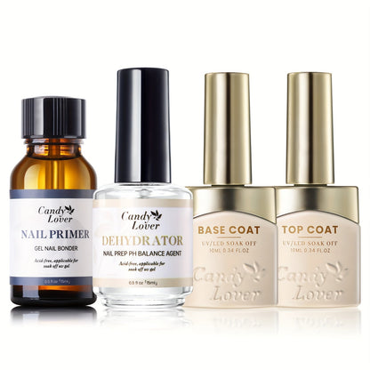 Gel Nail Dehydrator & Primer Kit 4-Piece – Nail Prep Dehydrator, Bonding Primer, Gel Base Coat & Top Coat for Long-Lasting Chip-Free Gel