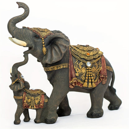 Elephant Statue Figurine for Home Decor – Mama & Baby Elephant Trunk Up Lucky Sculpture 12 Inch Polyresin Good Luck Ornament for Living Room