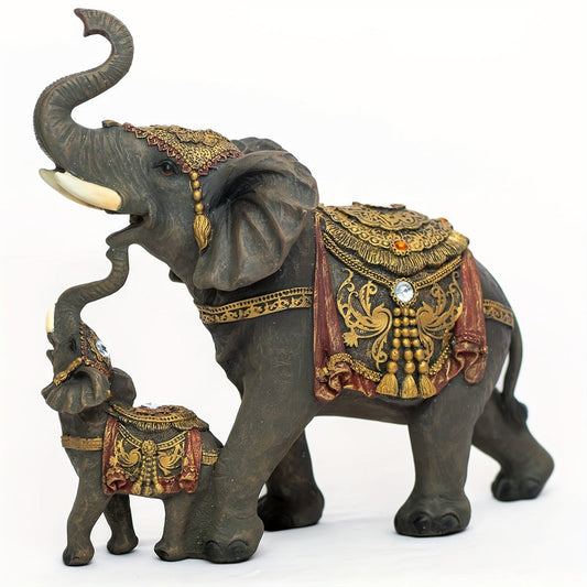 Elephant Statue Figurine for Home Decor – Mama & Baby Elephant Trunk Up Lucky Sculpture 12 Inch Polyresin Good Luck Ornament for Living Room
