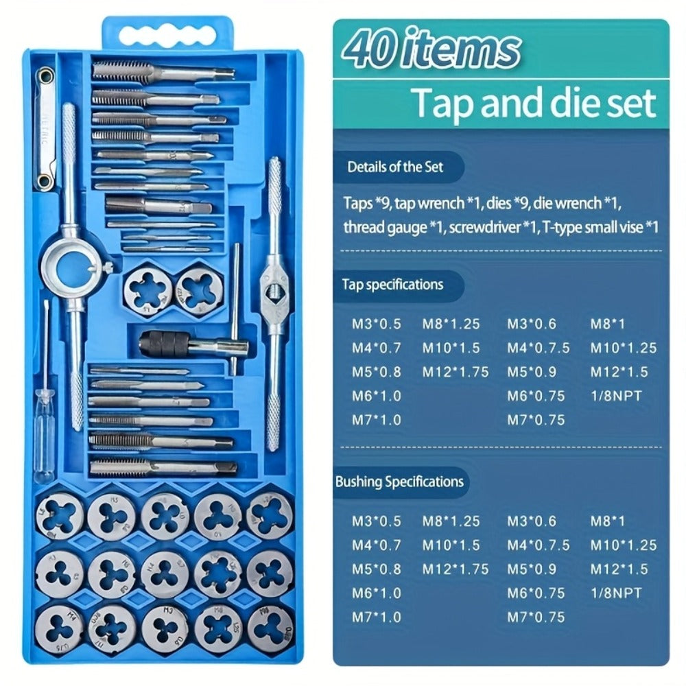 Metric Tap and Die Set 12pcs or 40pcs, M3-M12 Hand Thread Tapping Tool Kit with Plug Taps, Straight & Cone Reamers
