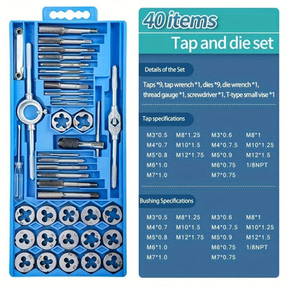 Metric Tap and Die Set 12pcs or 40pcs, M3-M12 Hand Thread Tapping Tool Kit with Plug Taps, Straight & Cone Reamers