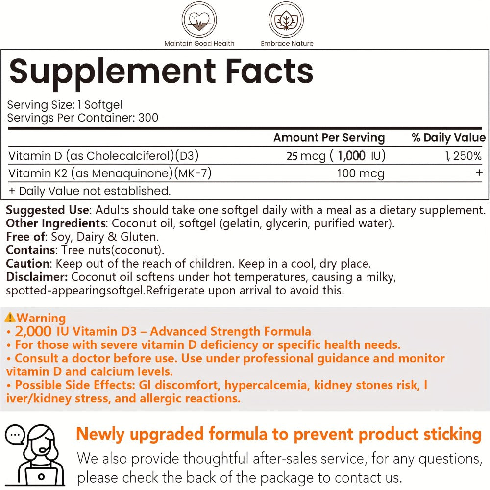 Bone Health Supplement Vitamin D3 1000 IU K2 MK-7 100mcg, 300 Softgels with Coconut Oil for Calcium Absorption