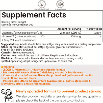 Bone Health Supplement Vitamin D3 1000 IU K2 MK-7 100mcg, 300 Softgels with Coconut Oil for Calcium Absorption