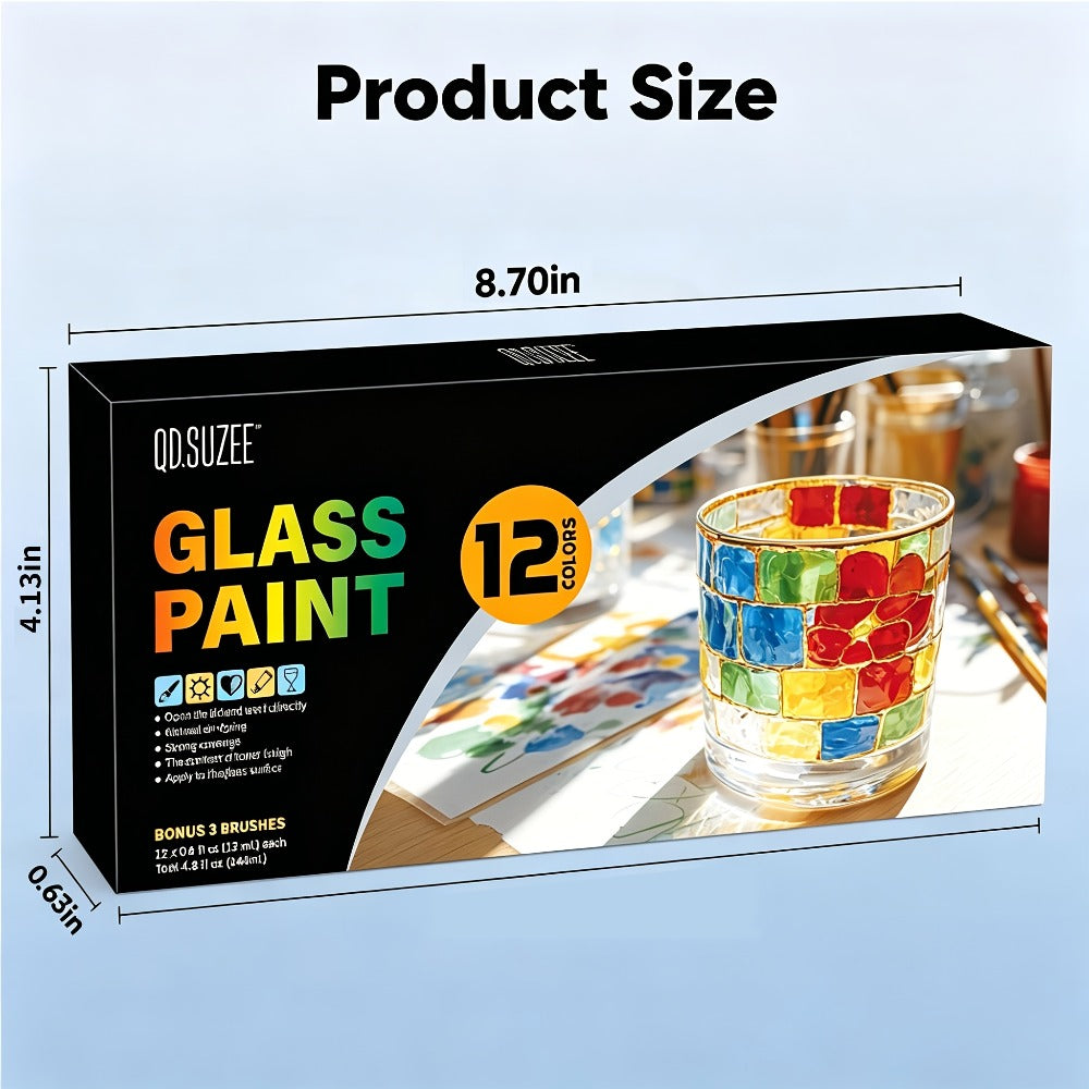 Stained Glass Painting Kit 12 Colors Acrylic Paint Set with 3 Brushes, Window Glass Paint for Wine Glasses Ceramic Mugs