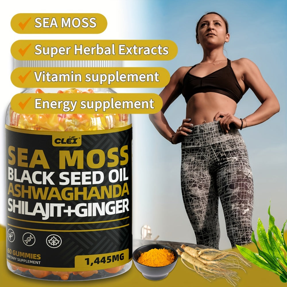 Immune Support Gummies with Sea Moss 1445mg, 10-in-1 Superfood Blend with Black Seed Oil, Ashwagandha