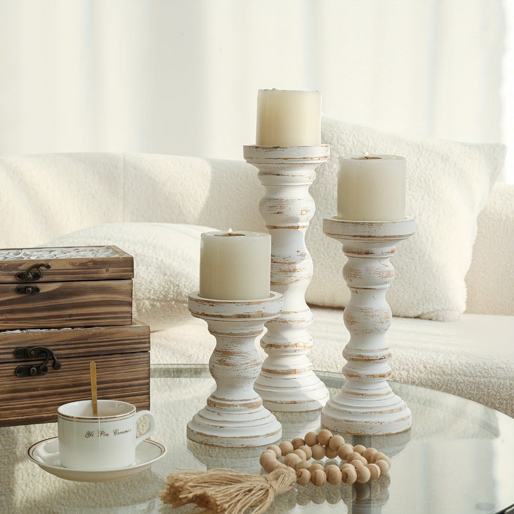 Wood Pillar Candle Holder Set of Three with Turned Pedestal Profiles, 16cm, 23cm and 30cm Heights in Three Finishes