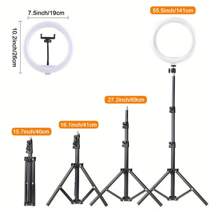 10- or 12-Inch USB Ring Light with Retractable Floor Tripod, Center Phone Holder and Lighting Options