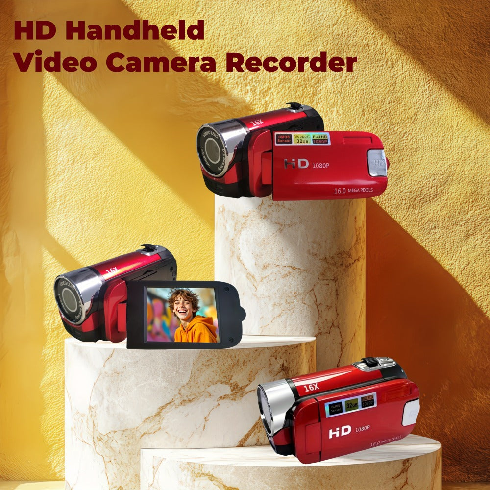 Portable 1080P Digital Camcorder with Rotating Screen & 32G Memory Card, Rechargeable Battery, Selfie Support