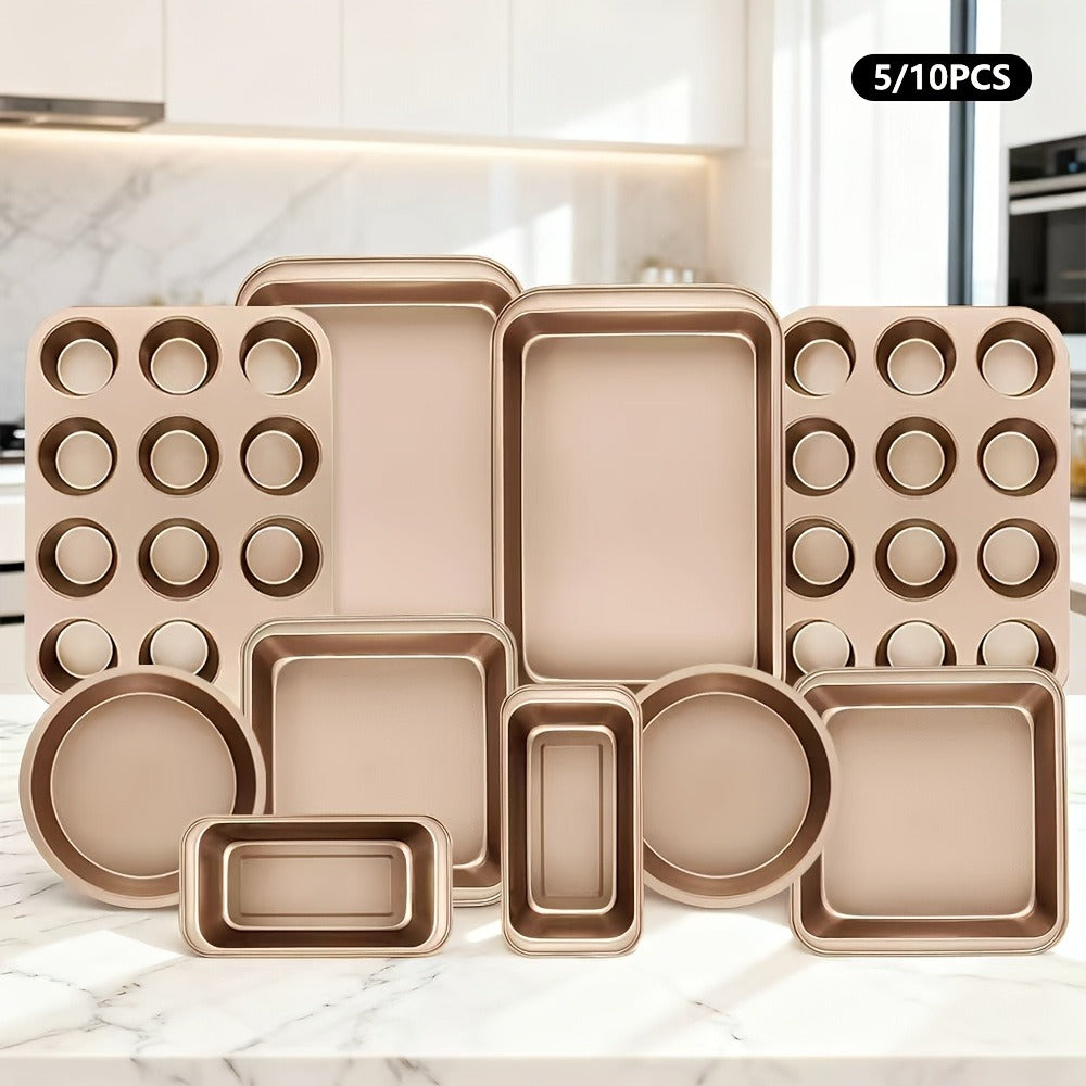 Nonstick Bakeware Set Stackable Space-Saving - Round & Square Pans, Waffle Tray, Cookie Sheet, Carbon Steel Baking Pan Set for Oven