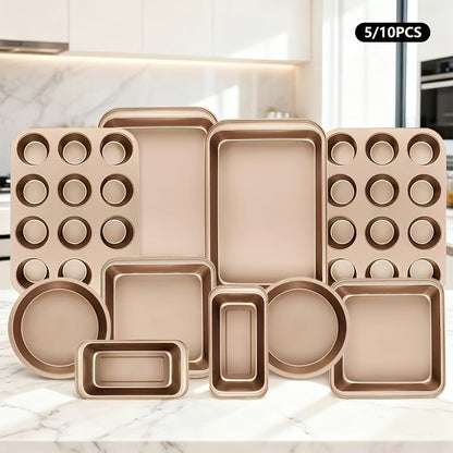 Nonstick Bakeware Set Stackable Space-Saving - Round & Square Pans, Waffle Tray, Cookie Sheet, Carbon Steel Baking Pan Set for Oven