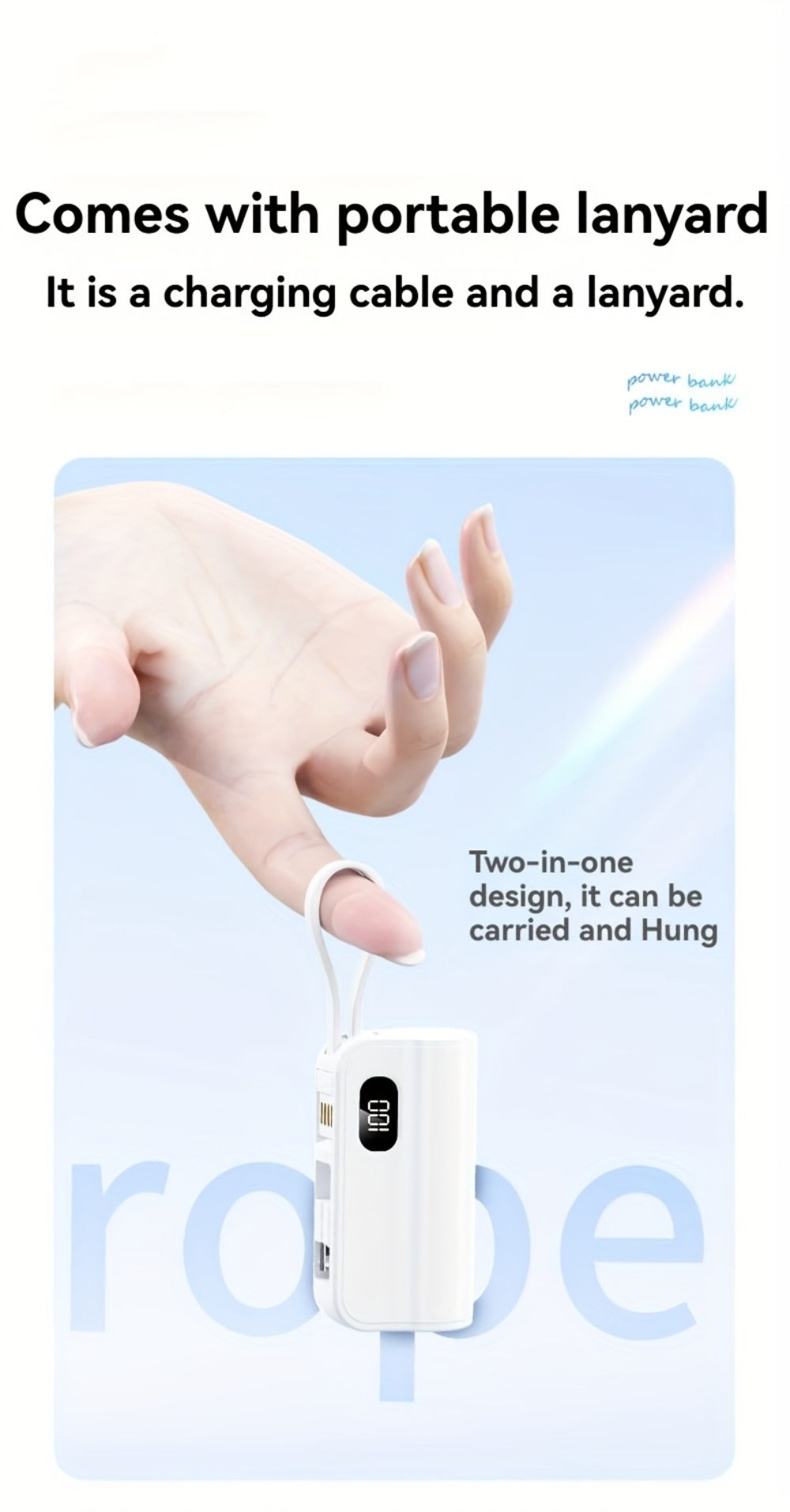 Power Bank 6000mAh Mini with USB-C and Lightning Plugs, 22.5W Listed Charging, Display and Stand