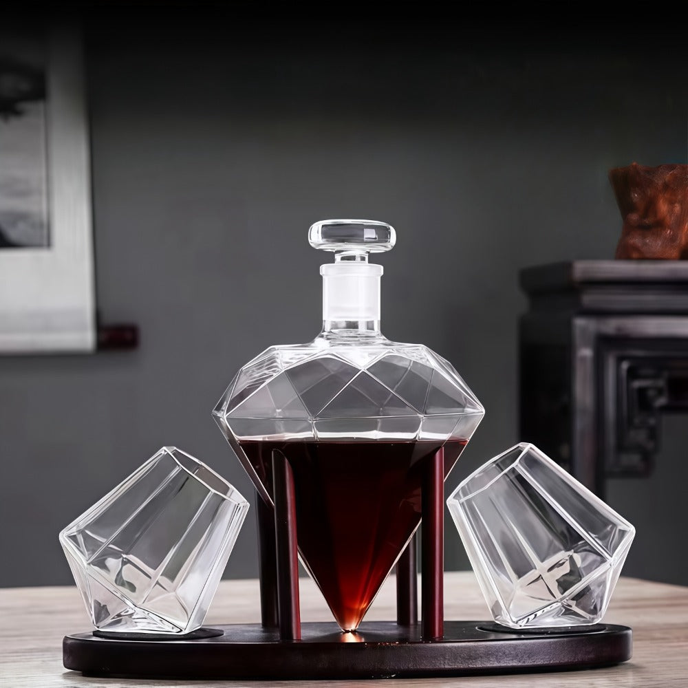 Whiskey Decanter Set with 2 Diamond Glasses & Wooden Rack, Brick Stone Design, Bourbon Rum Vodka Tequila Gift Set for Men Home Bar