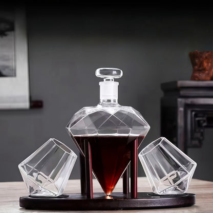 Whiskey Decanter Set with 2 Diamond Glasses & Wooden Rack, Brick Stone Design, Bourbon Rum Vodka Tequila Gift Set for Men Home Bar