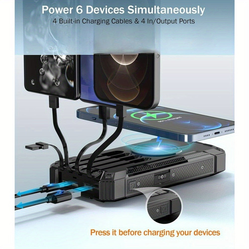 Solar Power Bank 40000mAh with Built-in 4 Cables & 15W Wireless Charging – 6 Outputs 3 Inputs Dual LED Flashlight Portable Charger