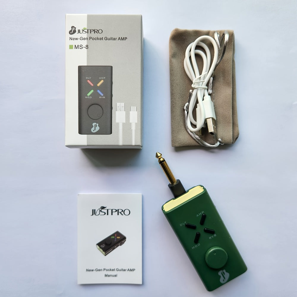 JUSTPRO Pocket Guitar Headphone Amp with 6 Amp Modules and 24 Guitar Effects for Bedside Audio, Alarms and Room Entertainment
