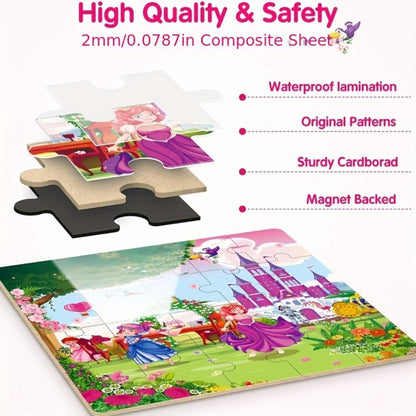 Magnetic Puzzle Book for Girls 3 4 5 6, 3-in-1 Unicorn Mermaid Princess Travel Puzzles, 20 Pieces Folding Magnetic Jigsaw for Toddlers