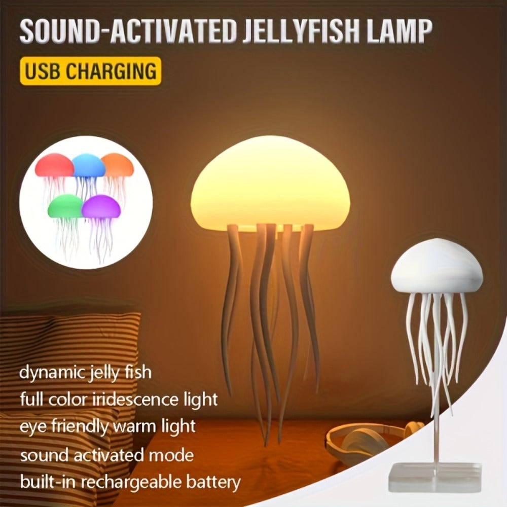 Jellyfish-Shaped Table Night Light with White Dome, Flexible Tentacles and Square Base Pictured