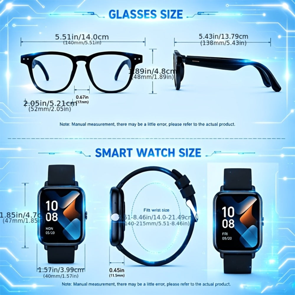 AI Smart Glasses & Smartwatch Bundle, Multilingual Real-Time Translation, Touch Control, Full Touch Screen Watch
